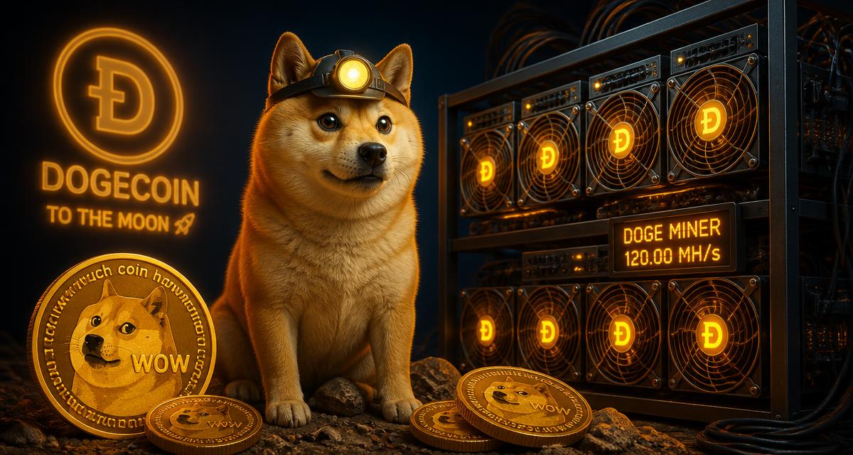 Shiba Inu doge with a miner headlamp beside Dogecoin coins and mining rigs